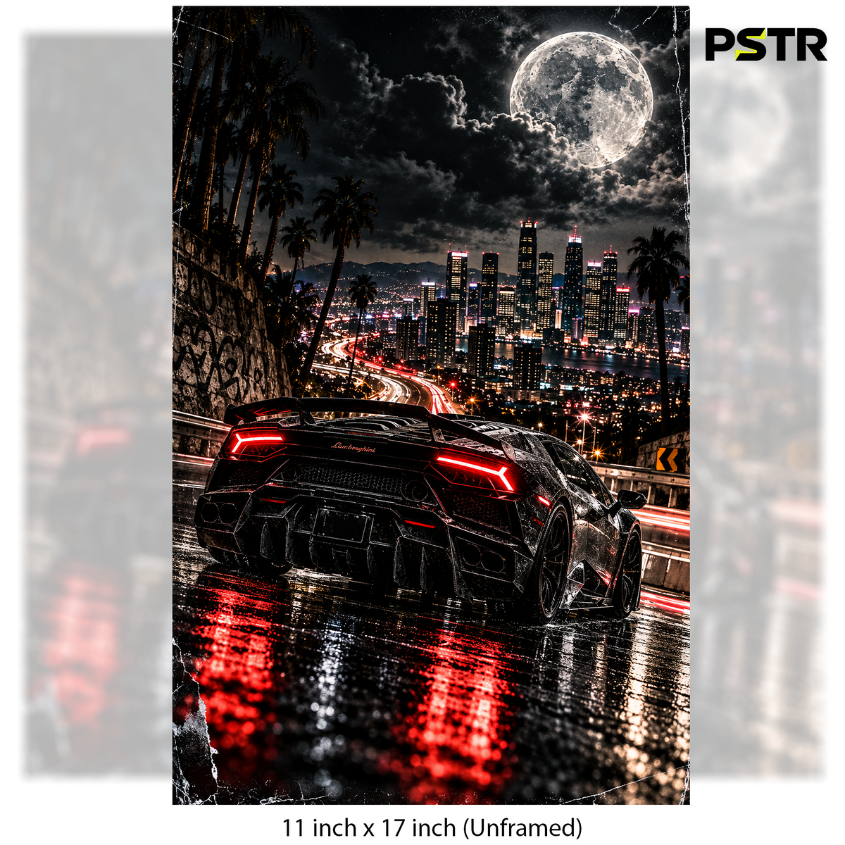 Midnight Velocity | Black Lamborghini Supercar Poster | Neon City Night Streetwear Wall Art | 11x17 Print