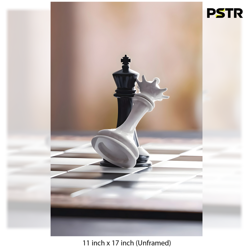 Checkmate | Black King & Fallen White Queen Chess Poster | Minimalist Strategy Wall Art | 11x17 Print