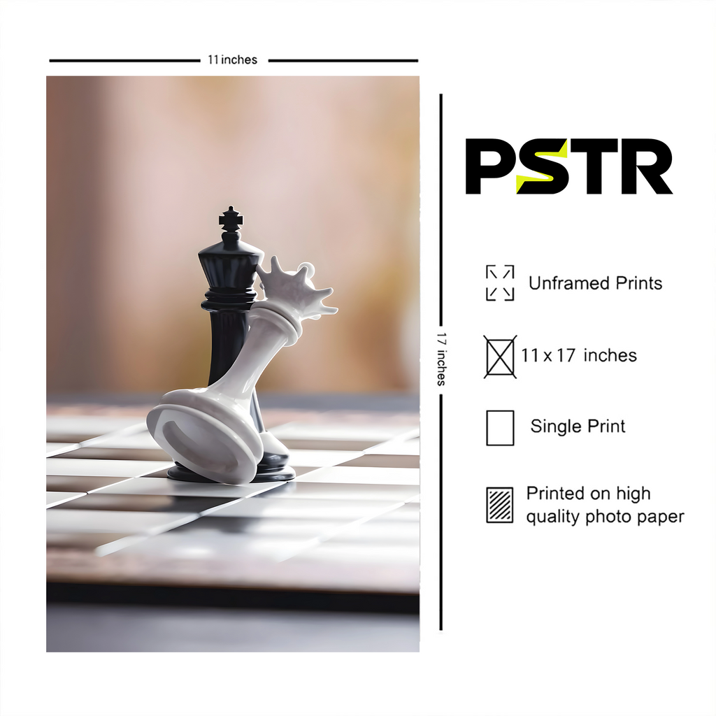 Checkmate | Black King & Fallen White Queen Chess Poster | Minimalist Strategy Wall Art | 11x17 Print