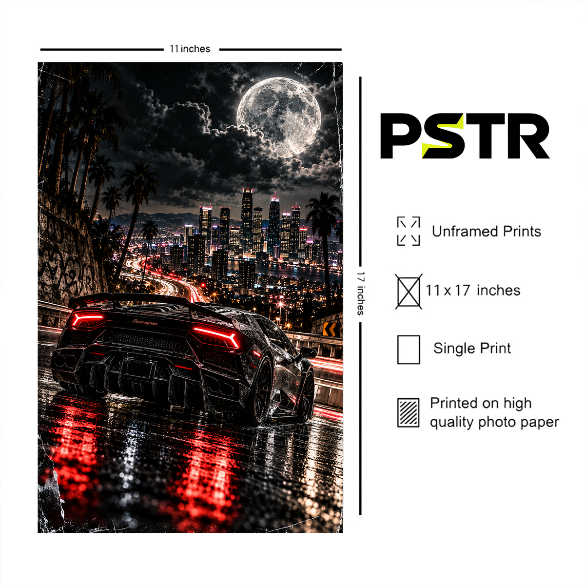 Midnight Velocity | Black Lamborghini Supercar Poster | Neon City Night Streetwear Wall Art | 11x17 Print