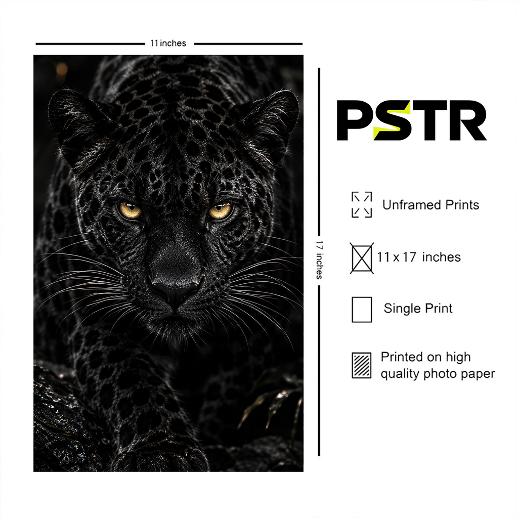 Shadow Hunter | Black Jaguar Panther Poster | Golden Eyes Wildlife Wall Art | 11x17 Print