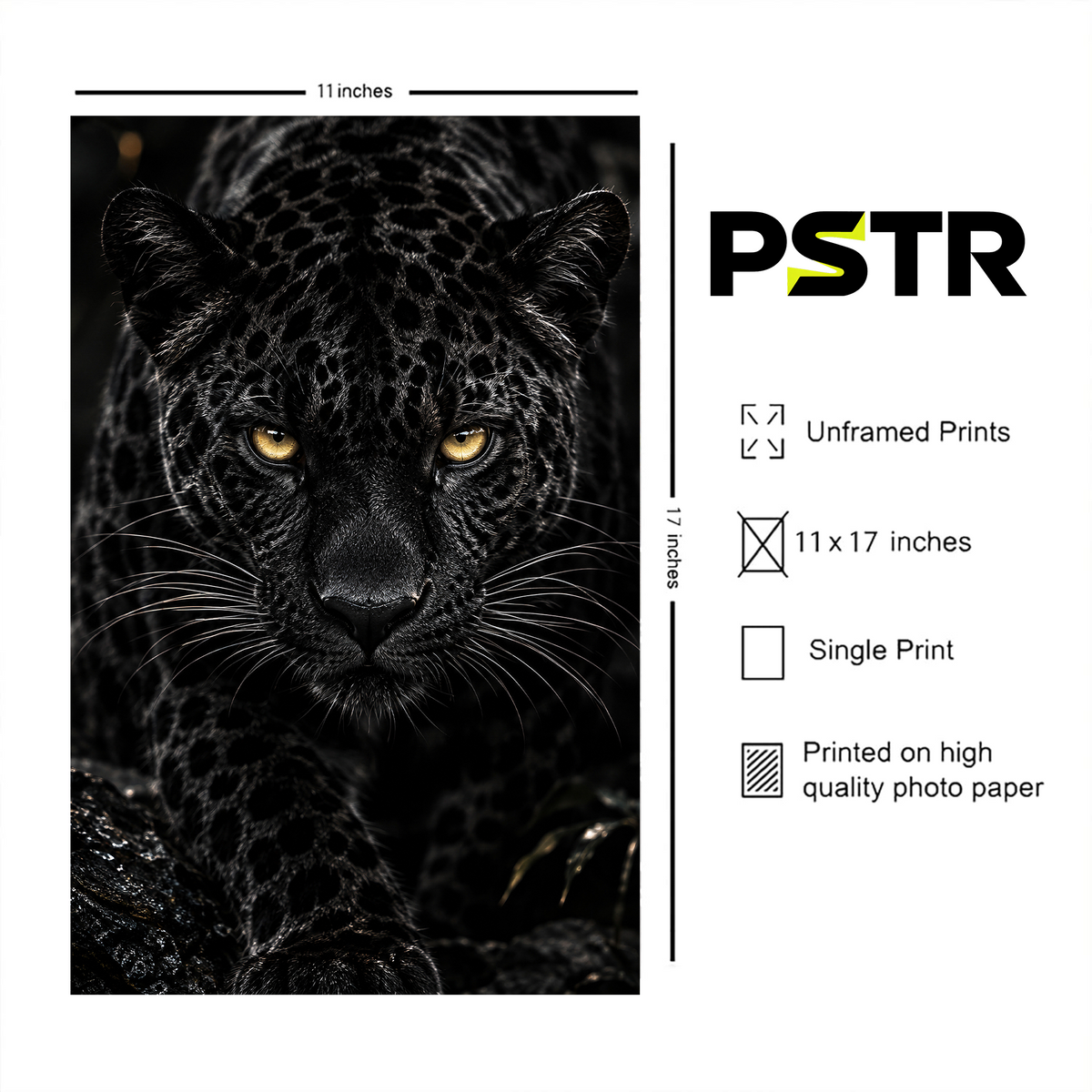 Shadow Hunter | Black Jaguar Panther Poster | Golden Eyes Wildlife Wall Art | 11x17 Print