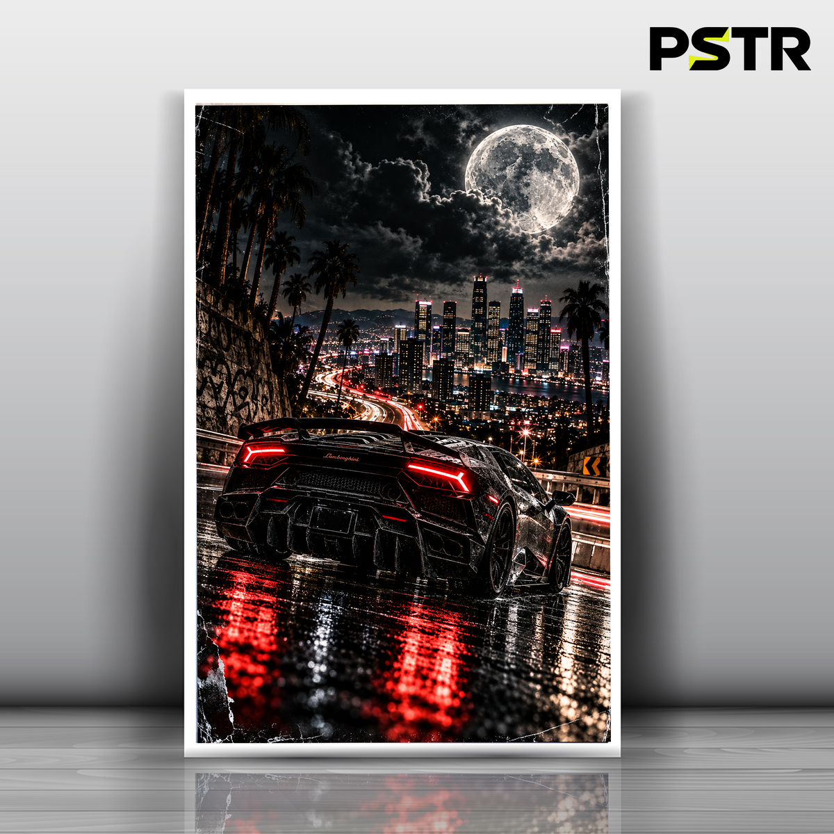 Midnight Velocity | Black Lamborghini Supercar Poster | Neon City Night Streetwear Wall Art | 11x17 Print