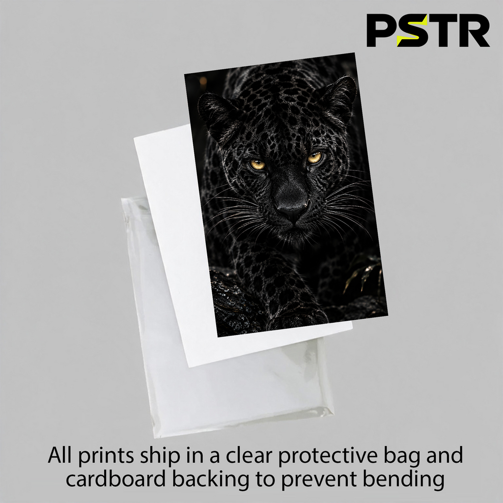 Shadow Hunter | Black Jaguar Panther Poster | Golden Eyes Wildlife Wall Art | 11x17 Print