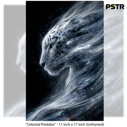 Celestial Predator | Cosmic Snow Leopard Poster | Fantasy Wildlife Wall Art | 11x17 Print