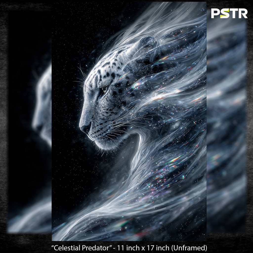 Celestial Predator | Cosmic Snow Leopard Poster | Fantasy Wildlife Wall Art | 11x17 Print