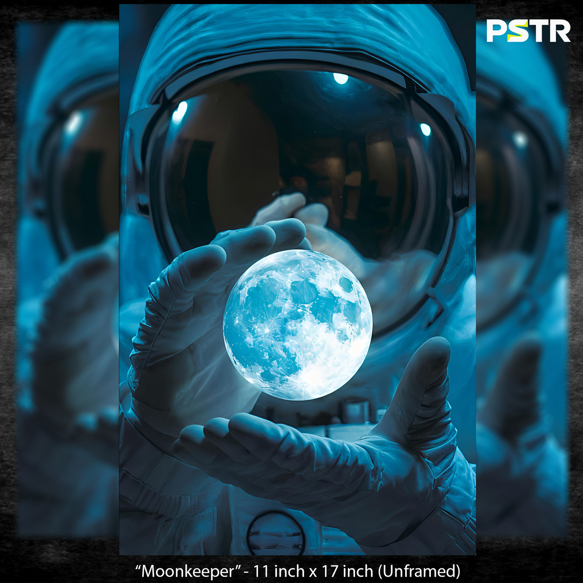 Moonkeeper | Astronaut Holding the Moon Poster | Blue Space Aesthetic Wall Art | 11x17 Print