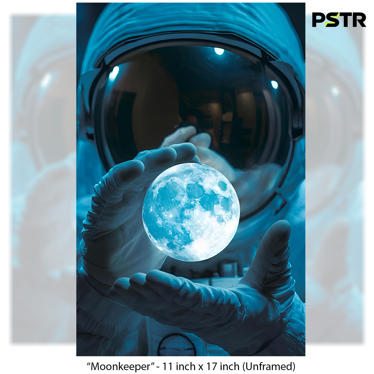 Moonkeeper | Astronaut Holding the Moon Poster | Blue Space Aesthetic Wall Art | 11x17 Print