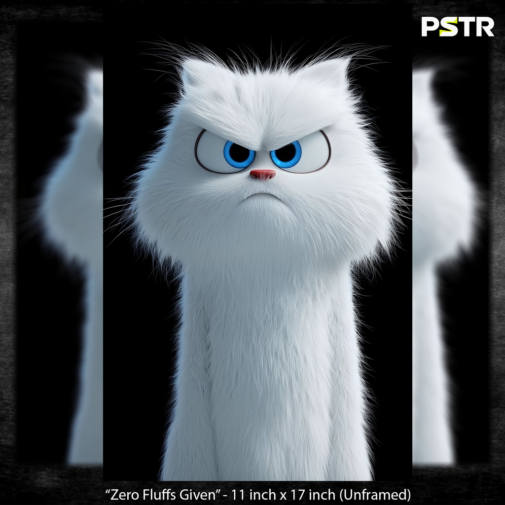 Zero Fluffs Given | Angry White Cat Poster | Funny Cat Wall Art | 11x17 Print